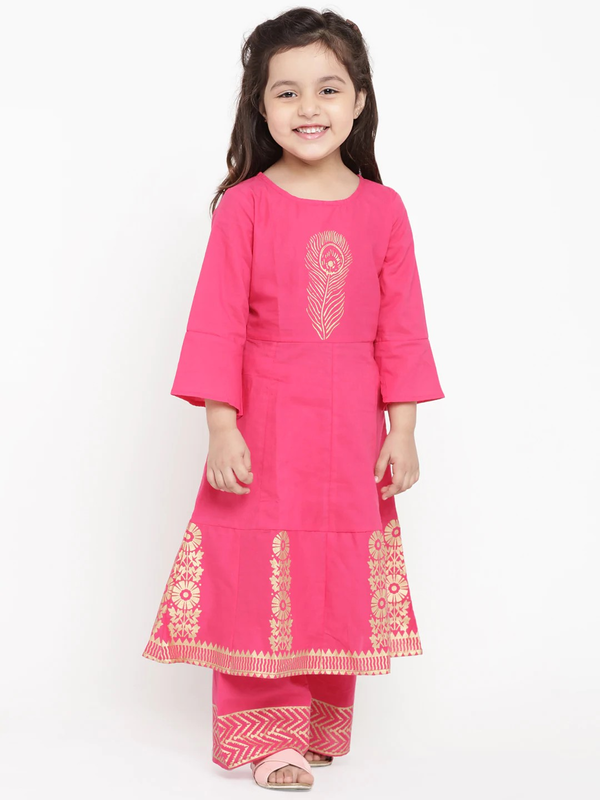 Girl's Pink Printed Kurta & Palazzo Set  - NOZ2TOZ KIDS