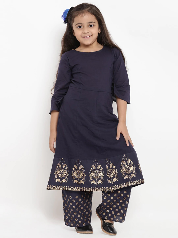 Girl's Navy Blue Printed Kurta & Palazzo Set  - NOZ2TOZ KIDS