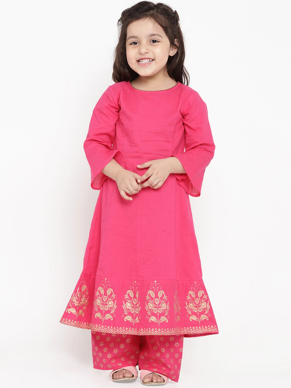 Girl's Pink Detail Printed Kurta & Pyjama Set  - NOZ2TOZ KIDS