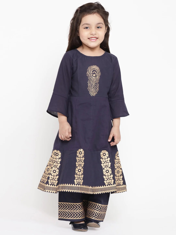 Girl's Navy Blue Printed Kurta & Palazzo Set  - NOZ2TOZ KIDS