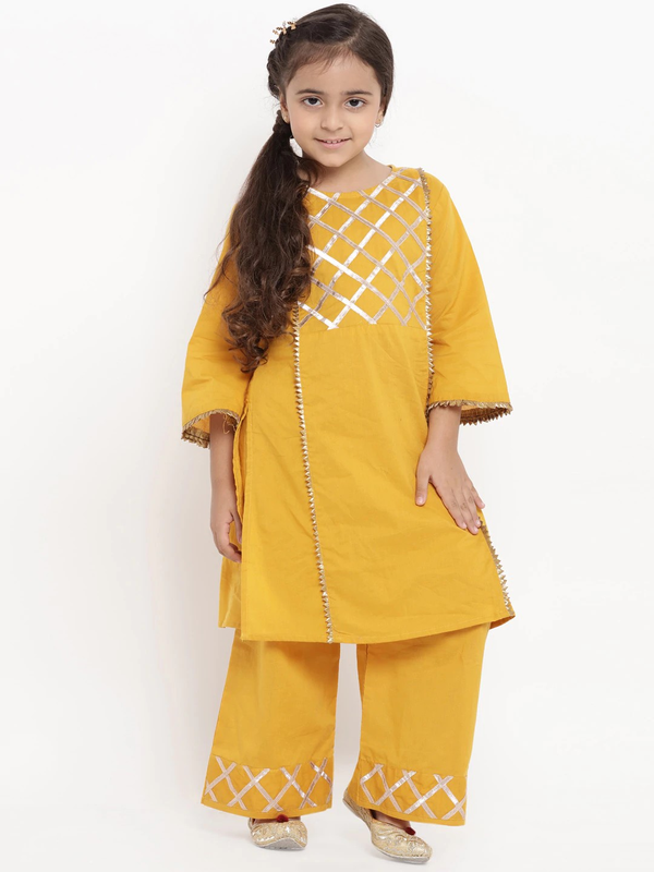 Girl's Mustard Yellow Embroidered Kurta & Palazzo Set  - NOZ2TOZ KIDS