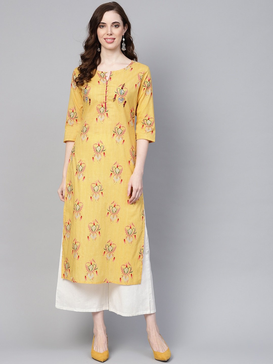 Women's Yellow & Pink Straight Kurta - Yufta