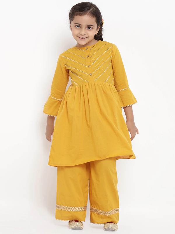 Girl's Mustard Yellow Solid Kurta & Palazzo Set  - NOZ2TOZ KIDS