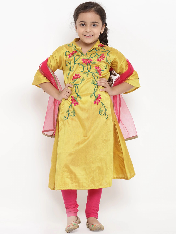 Girl's Mustard & Pink Embroidered Kurta & Churidar Set with Dupatta  - NOZ2TOZ KIDS