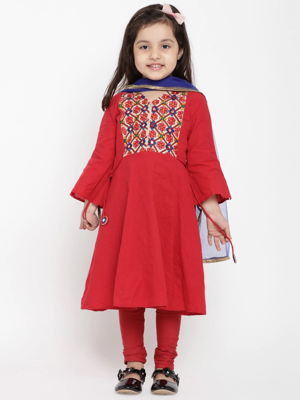 Girl's Red & Blue Embroidered Kurta & Churidar Set with Dupatta  - NOZ2TOZ KIDS