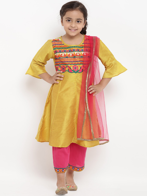 Girl's Mustard Yellow & Pink Embroidered Kurta & Pyjama Set with Dupatta  - NOZ2TOZ KIDS