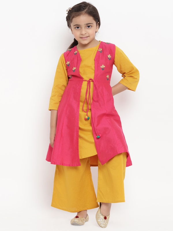 Girl's Mustard Yellow & Pink Embroidered Kurta & Palazzo Set  - NOZ2TOZ KIDS