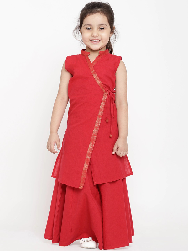 Girl's Red Solid Kurta & Palazzo Set  - NOZ2TOZ KIDS