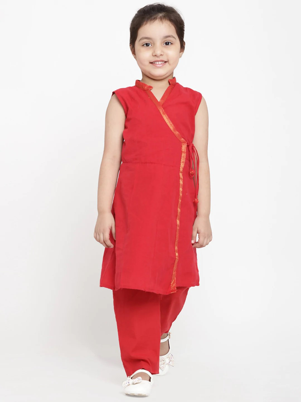 Girl's Red Solid Kurta & Trouser Set  - NOZ2TOZ KIDS