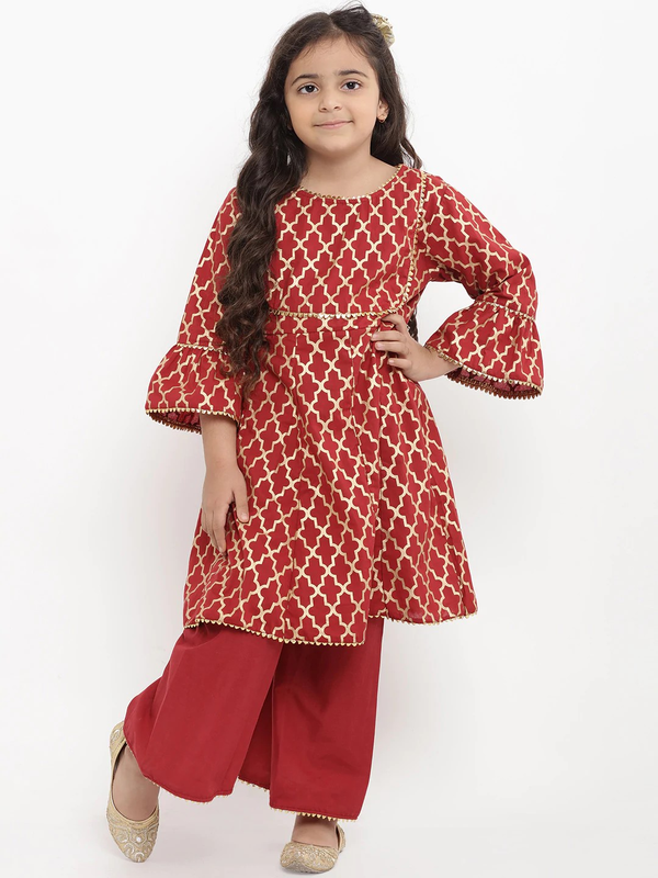 Girl's Maroon Printed Kurta & Palazzo Set  - NOZ2TOZ KIDS