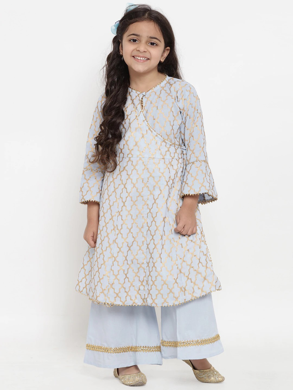 Girl's Turquoise Blue Printed Kurta & Palazzo Set  - NOZ2TOZ KIDS