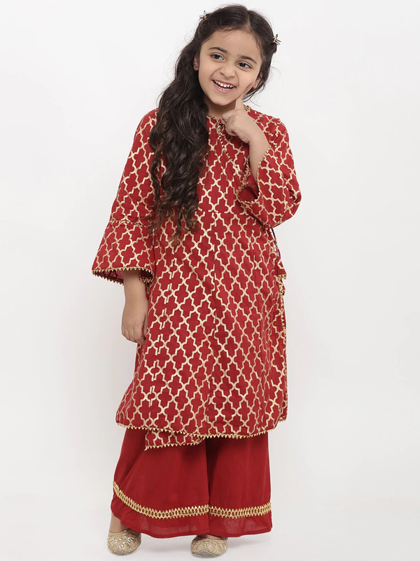 Girl's Maroon Printed Kurta & Palazzo Set  - NOZ2TOZ KIDS