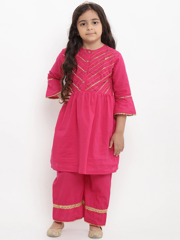 Girl's Pink Self Design Kurta & Palazzo Set  - NOZ2TOZ KIDS