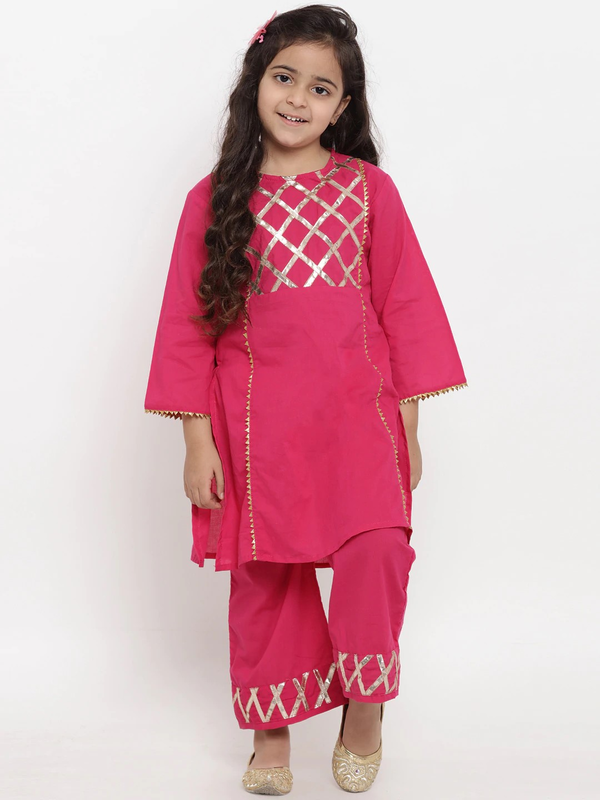 Girl's Pink Self Design Kurta & Palazzo Set  - NOZ2TOZ KIDS