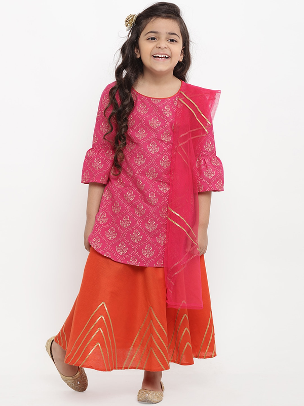 Girl's Pink Printed Kurta & Skirt Set with Dupatta  - NOZ2TOZ KIDS