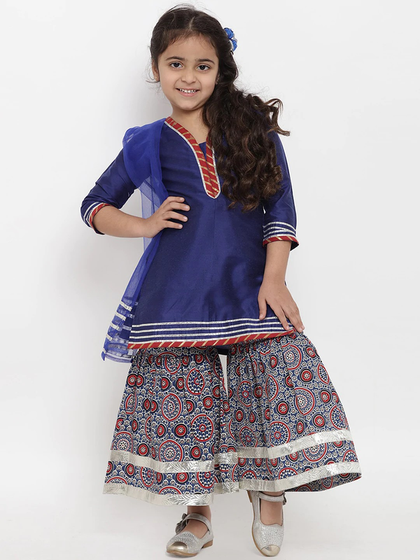 Girl's Blue Striped Kurta & Palazzo Set with Dupatta  - NOZ2TOZ KIDS