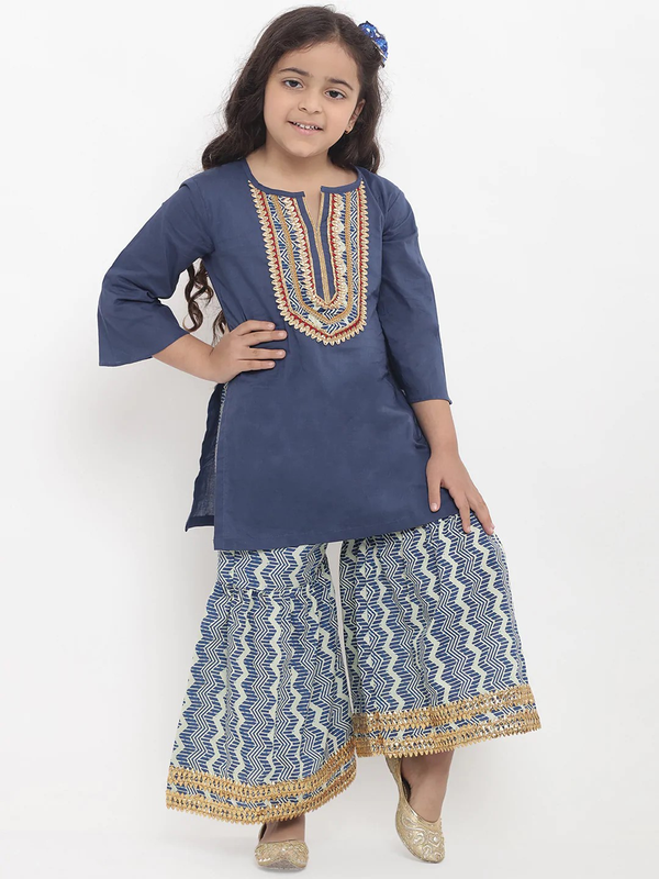 Girl's Blue Printed Kurta & Palazzo Set  - NOZ2TOZ KIDS