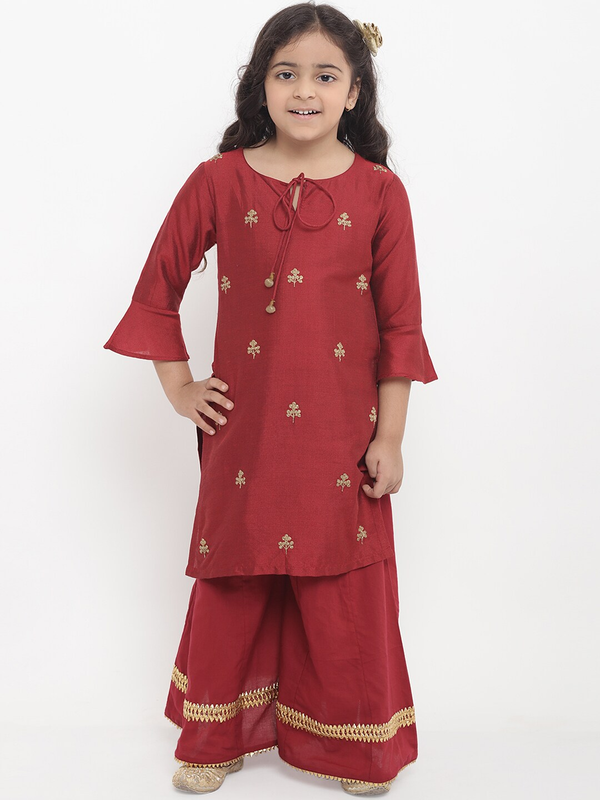 Girl's Maroon Embroidered Kurta & Palazzo Set  - NOZ2TOZ KIDS