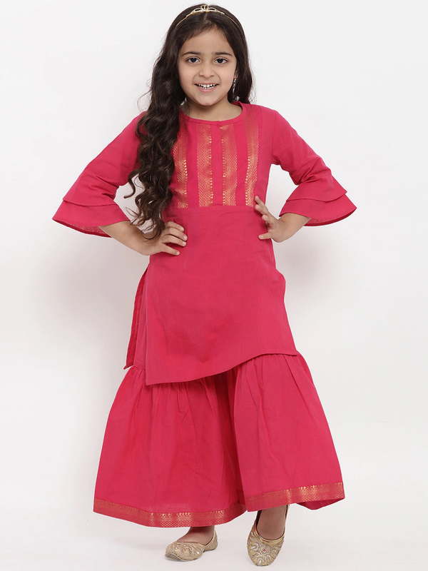 Girl's Pink Self Design Kurta & Palazzo Set  - NOZ2TOZ KIDS