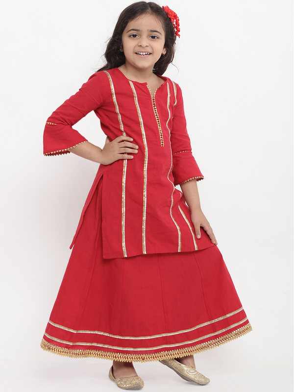 Girl's Red Striped Kurta & Palazzo Set  - NOZ2TOZ KIDS