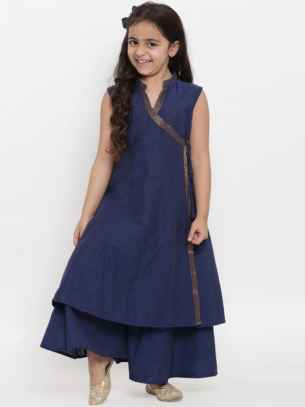 Girl's Navy Blue Self Design Kurta & Palazzo Set  - NOZ2TOZ KIDS