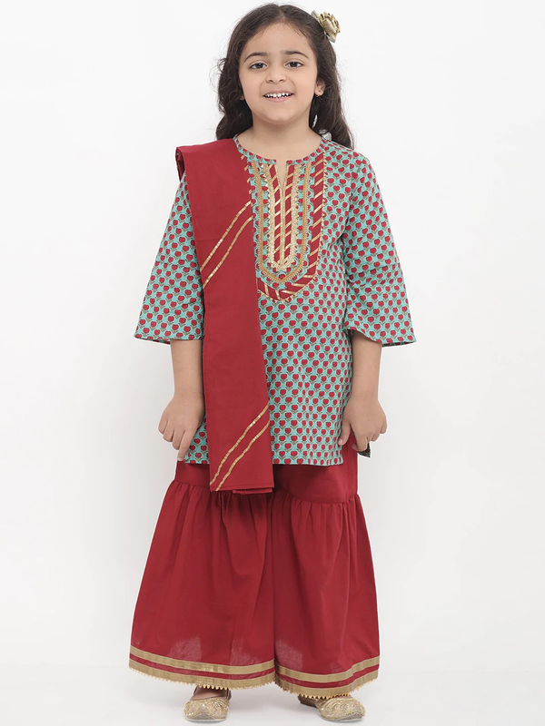 Girl's Green Printed Kurta & Palazzo Set with Dupatta  - NOZ2TOZ KIDS