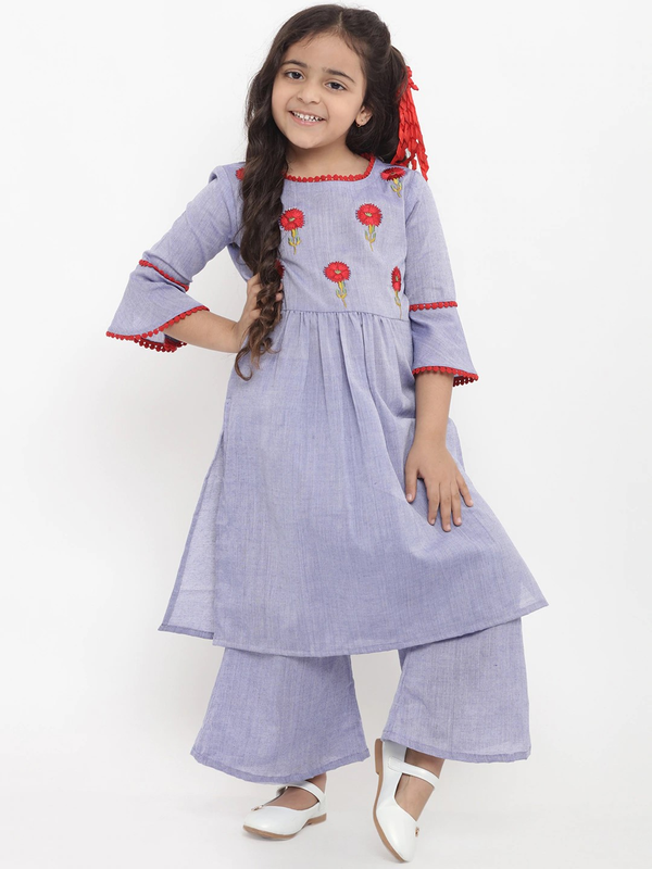 Girl's Blue Embroidered Kurta & Palazzo Set  - NOZ2TOZ KIDS