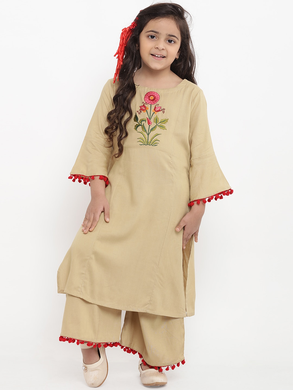 Girl's Beige Embroidered Kurta & Palazzo Set  - NOZ2TOZ KIDS