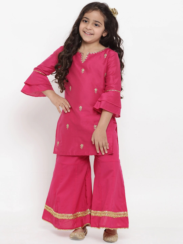 Girl's Pink Embroidered Kurta & Palazzo Set  - NOZ2TOZ KIDS