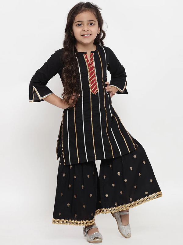 Girl's Black Striped Kurta & Palazzo Set  - NOZ2TOZ KIDS