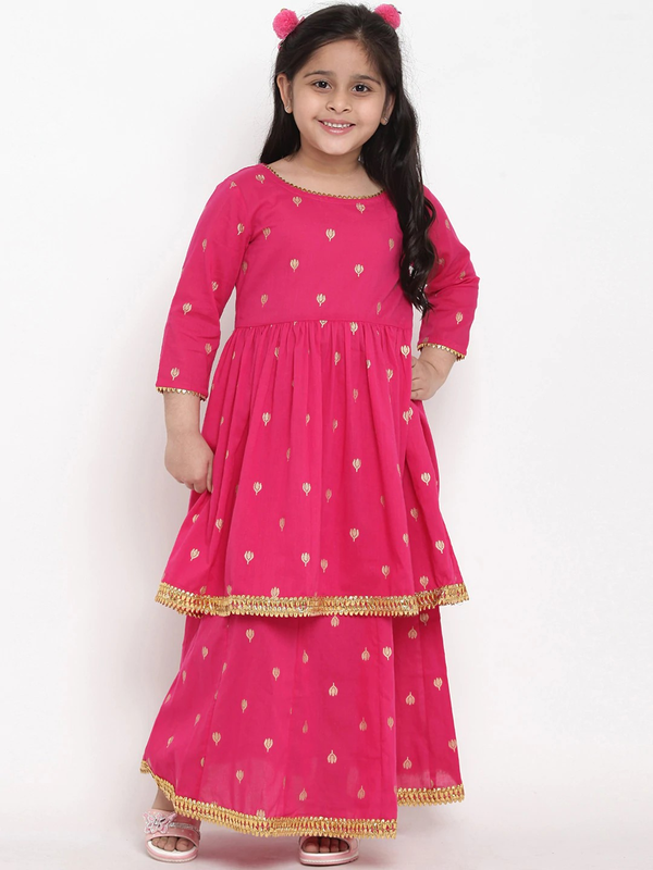 Girl's Pink & Gold Printed Kurta & Skirt Set  - NOZ2TOZ KIDS