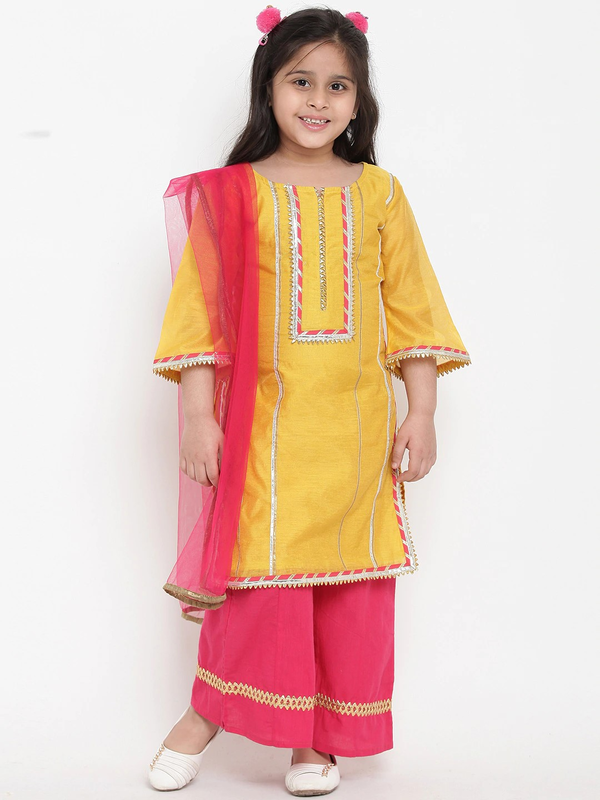 Girl's Yellow & Pink Solid Kurta & Palazzo Set with Dupatta  - NOZ2TOZ KIDS