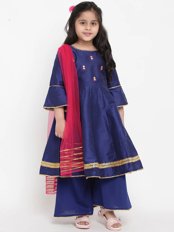 Girl's Blue Solid Kurta & Palazzo Set with Dupatta  - NOZ2TOZ KIDS