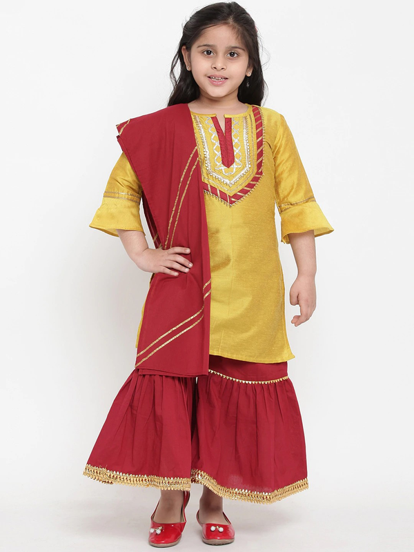 Girl's Yellow & Red Solid Kurta & Palazzo Set with Dupatta  - NOZ2TOZ KIDS