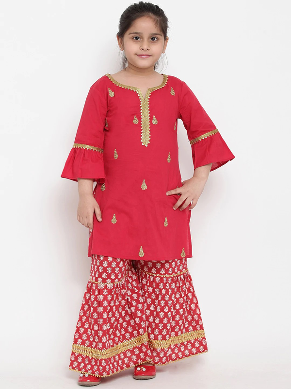 Girl's Red Embroidered Kurta & Palazzo Set  - NOZ2TOZ KIDS