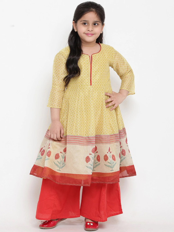 Girl's Yellow Printed Kurta & Palazzo Set  - NOZ2TOZ KIDS