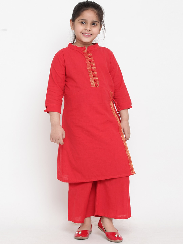 Girl's Red Solid Kurta & Palazzo Set  - NOZ2TOZ KIDS