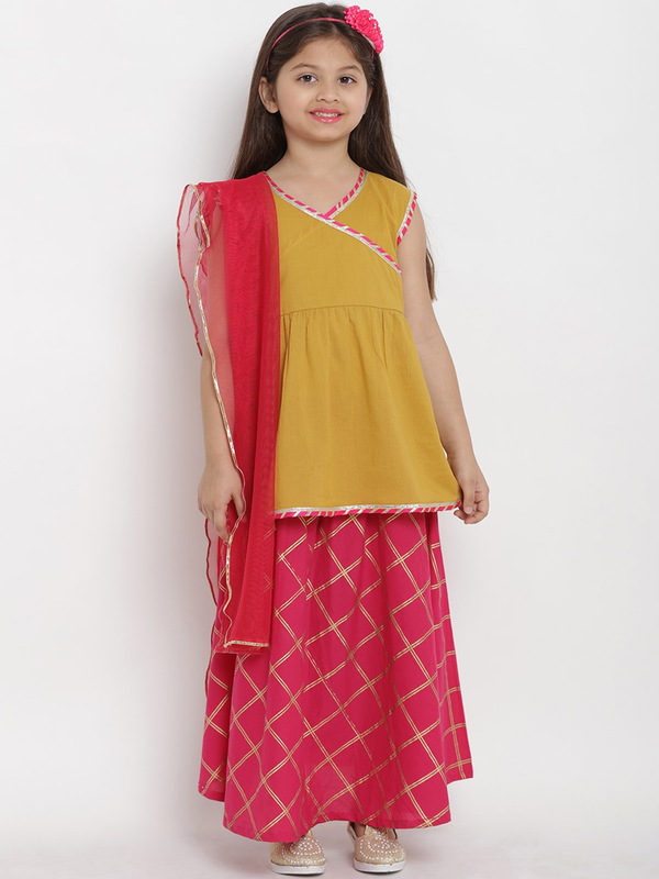 Girl's Mustard Yellow & Red Solid Kurta & Skirt Set with Dupatta  - NOZ2TOZ KIDS