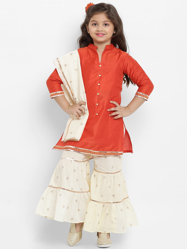 Girl's Orange & Beige Solid Kurta & Palazzo Set with Dupatta  - NOZ2TOZ KIDS