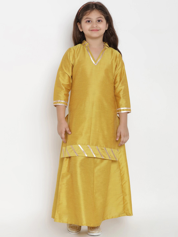 Girl's Mustard Yellow Silk Solid Kurta & Skirt Set  - NOZ2TOZ KIDS