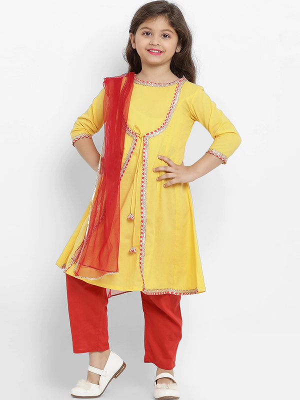 Girl's Yellow & Red Solid Kurta & Pyjama Set with Dupatta  - NOZ2TOZ KIDS