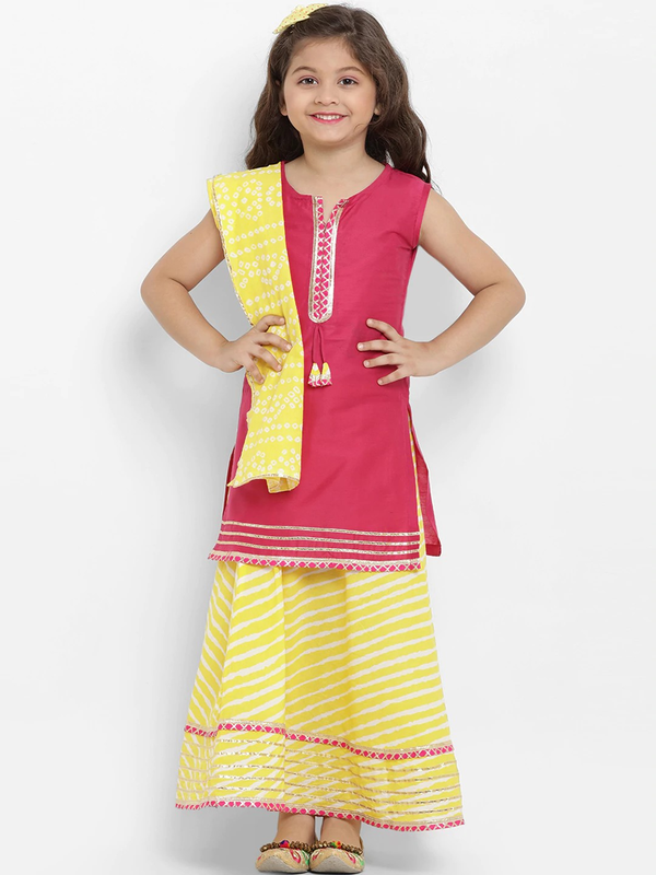 Girl's Pink & Yellow Solid Kurta & Skirt Set with Dupatta  - NOZ2TOZ KIDS