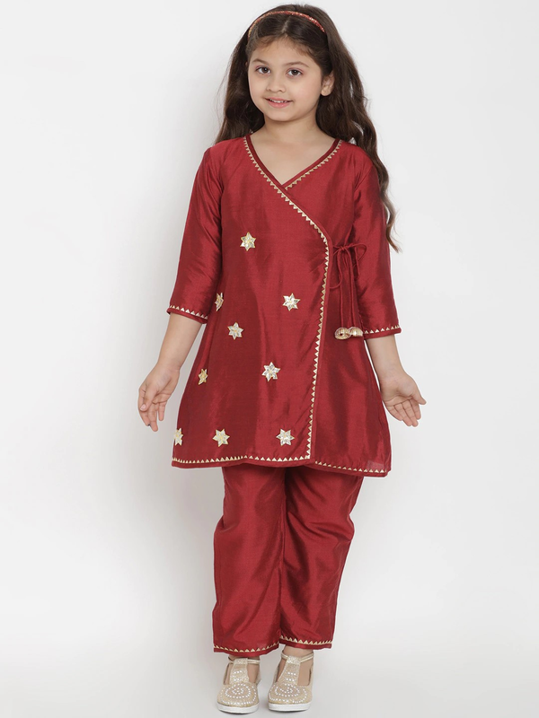 Girl's Maroon Embroidered Kurta & Pyjama Set  - NOZ2TOZ KIDS