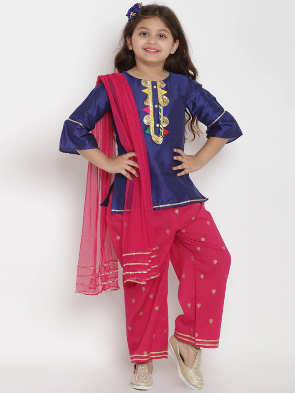 Girl's Blue & Pink Solid Kurta & Pyjama Set with Dupatta  - NOZ2TOZ KIDS