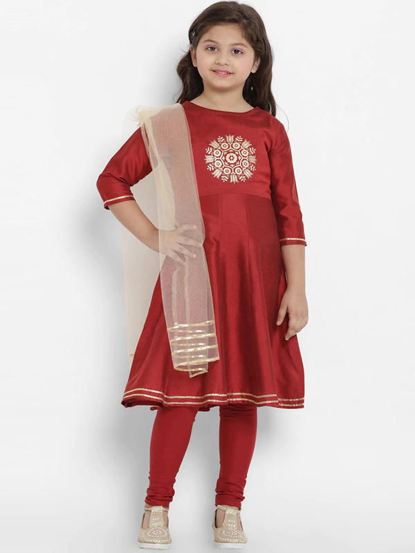 Girl's Maroon & Beige Embroidered Kurta & Churidar Set with Dupatta  - NOZ2TOZ KIDS