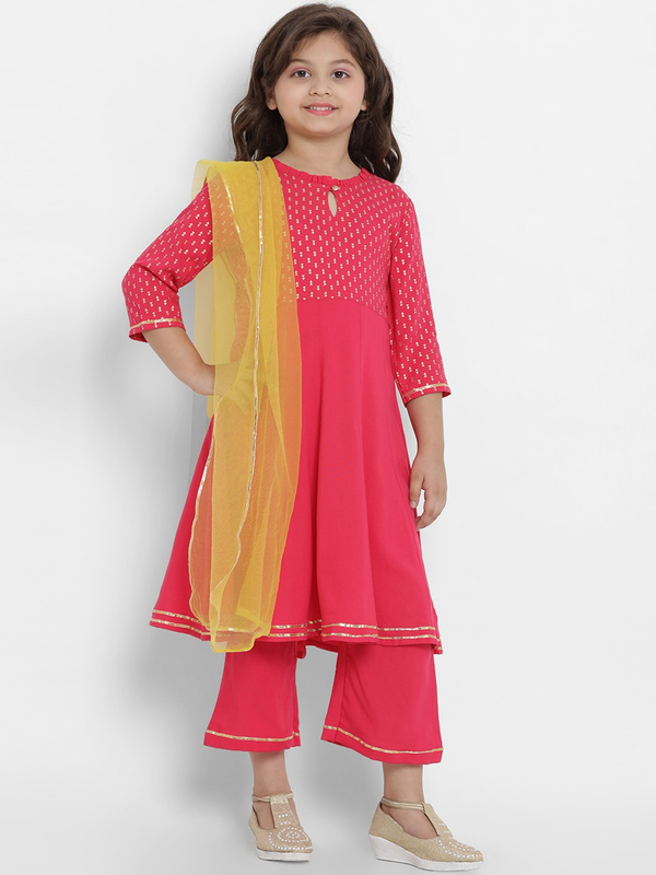 Girl's Pink Pink & Yellow Printed Kurta & Palazzo Set with Dupatta  - NOZ2TOZ KIDS