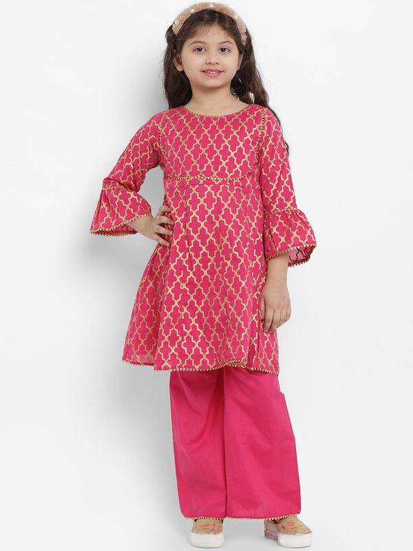 Girl's Pink Printed Kurta & Palazzo Set  - NOZ2TOZ KIDS