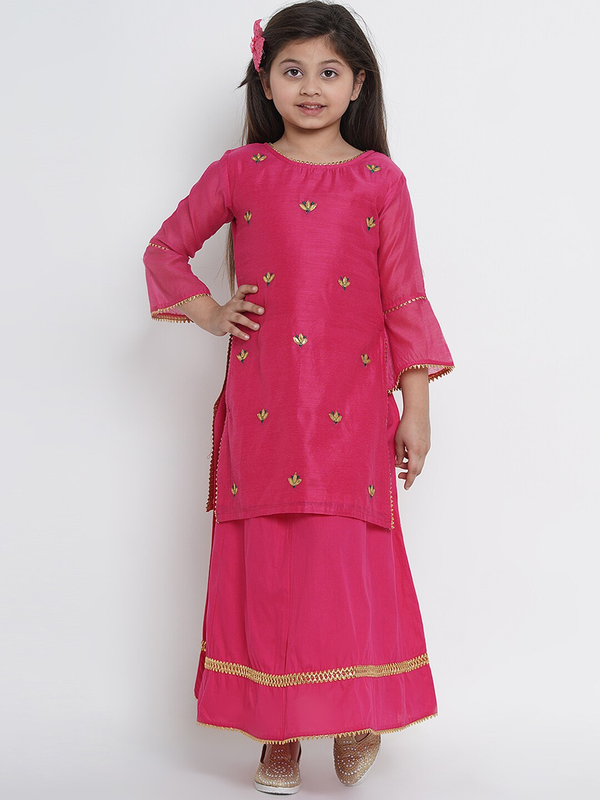 Girl's Pink Embroidered Kurta & Skirt Set  - NOZ2TOZ KIDS