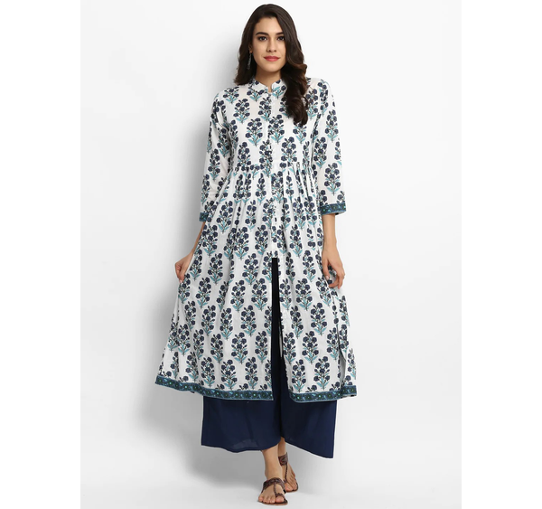 Women's  White & Navy Blue Printed Kurta With Palazzos - Wahe-NOOR