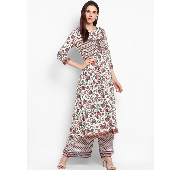 Women's  Off-White & Red Printed Kurta With Palazzos - Wahe-NOOR